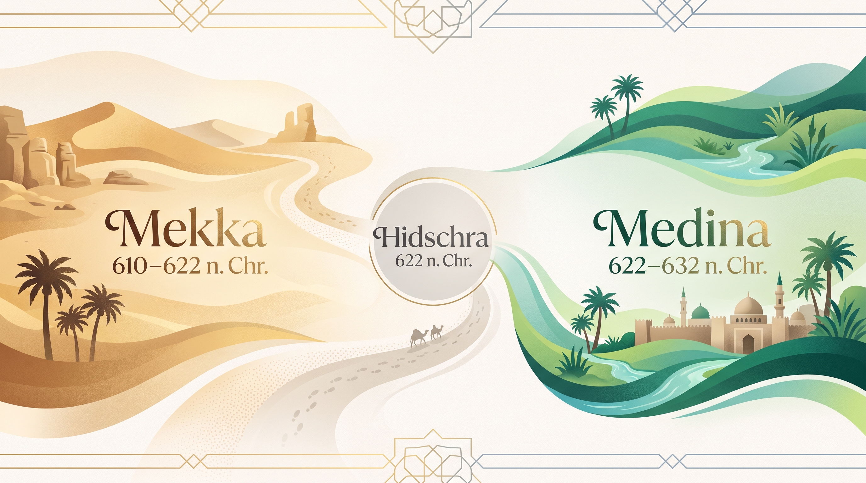 Timeline der 23 Jahre koranischer Offenbarung: Mekka 610–622 n. Chr., Hidschra 622 n. Chr., Medina 622–632 n. Chr.