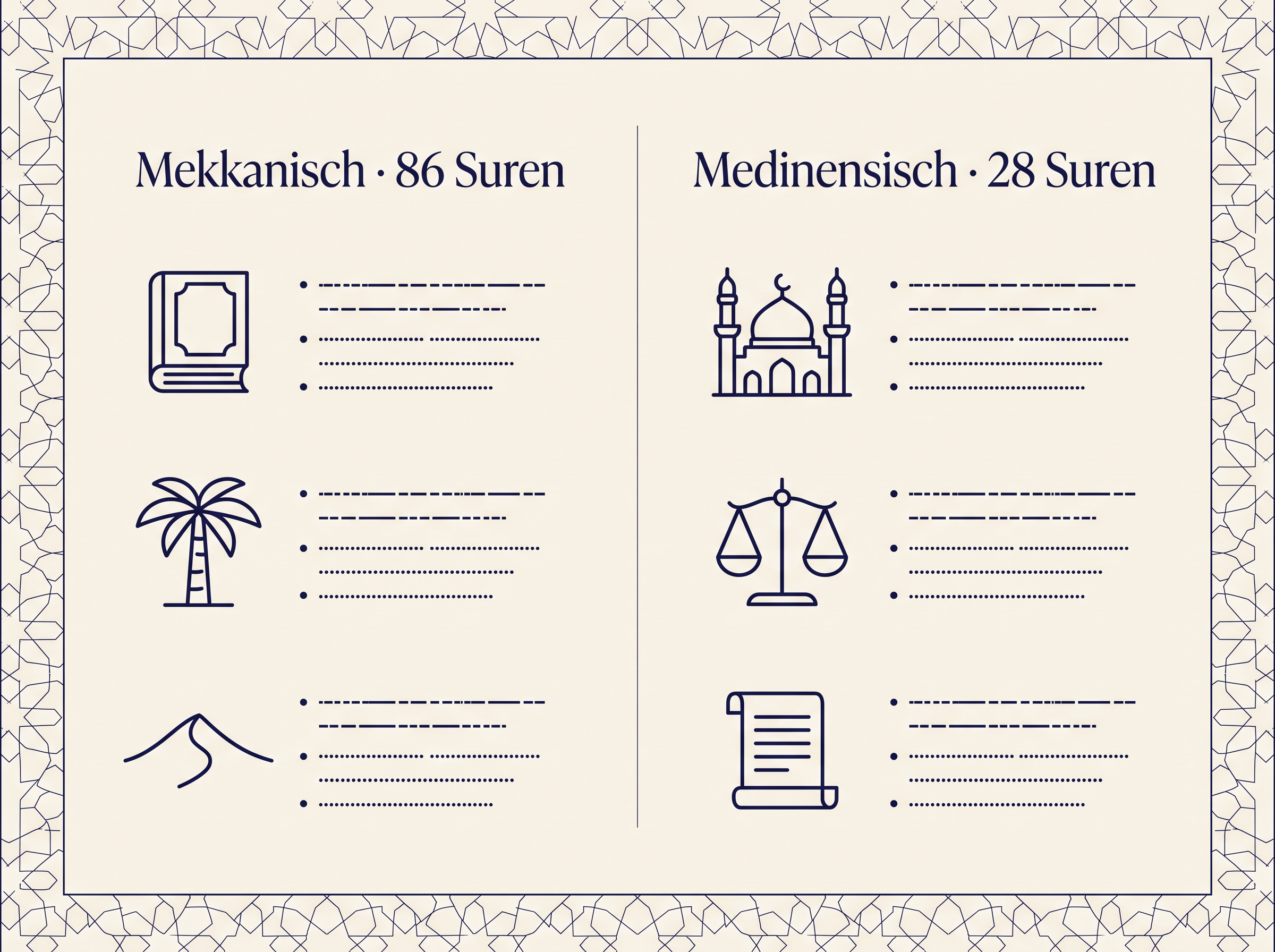 Vergleich mekkanischer und medinensischer Suren: 86 mekkanische Suren stehen 28 medinensischen Suren gegenüber.