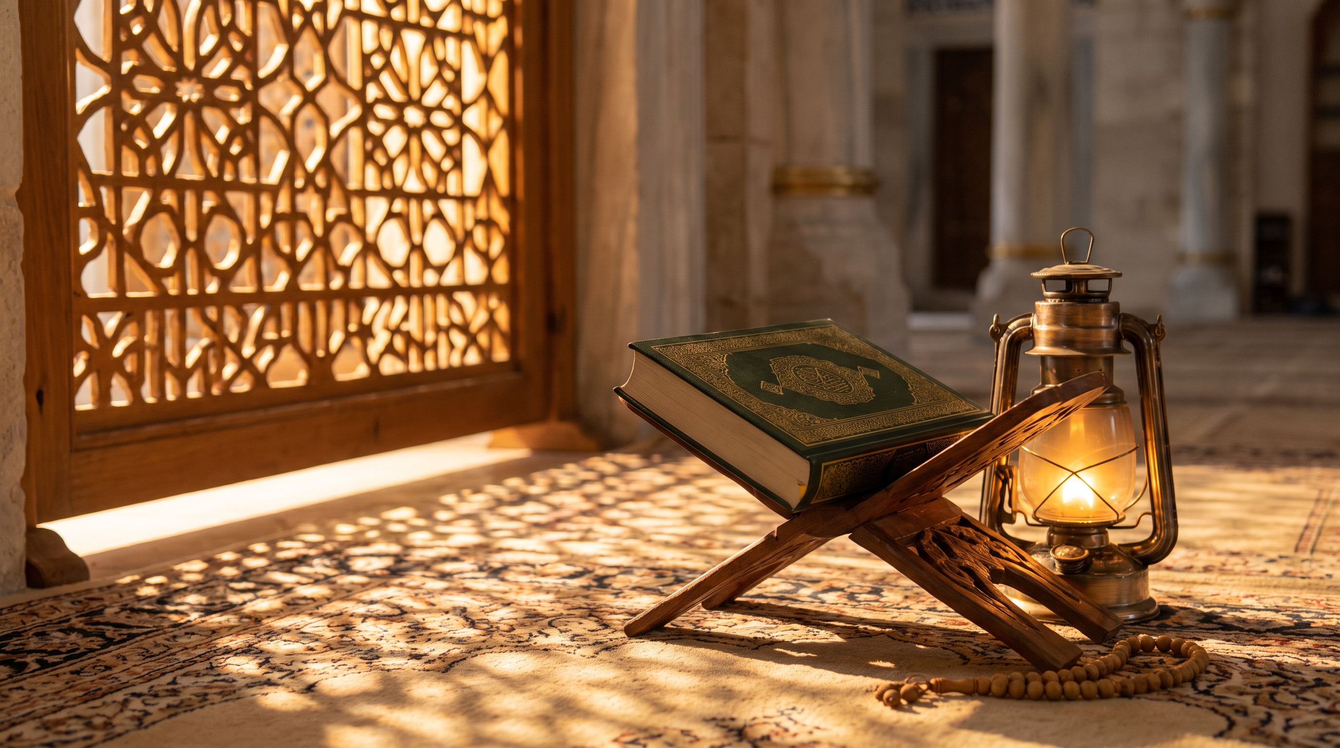 Ein geschlossener Mushaf mit dunkelgrünem Einband und Goldprägung auf einem hölzernen Lesepult, daneben eine leuchtende orientalische Laterne und Gebetskugeln auf einem traditionellen Teppich.