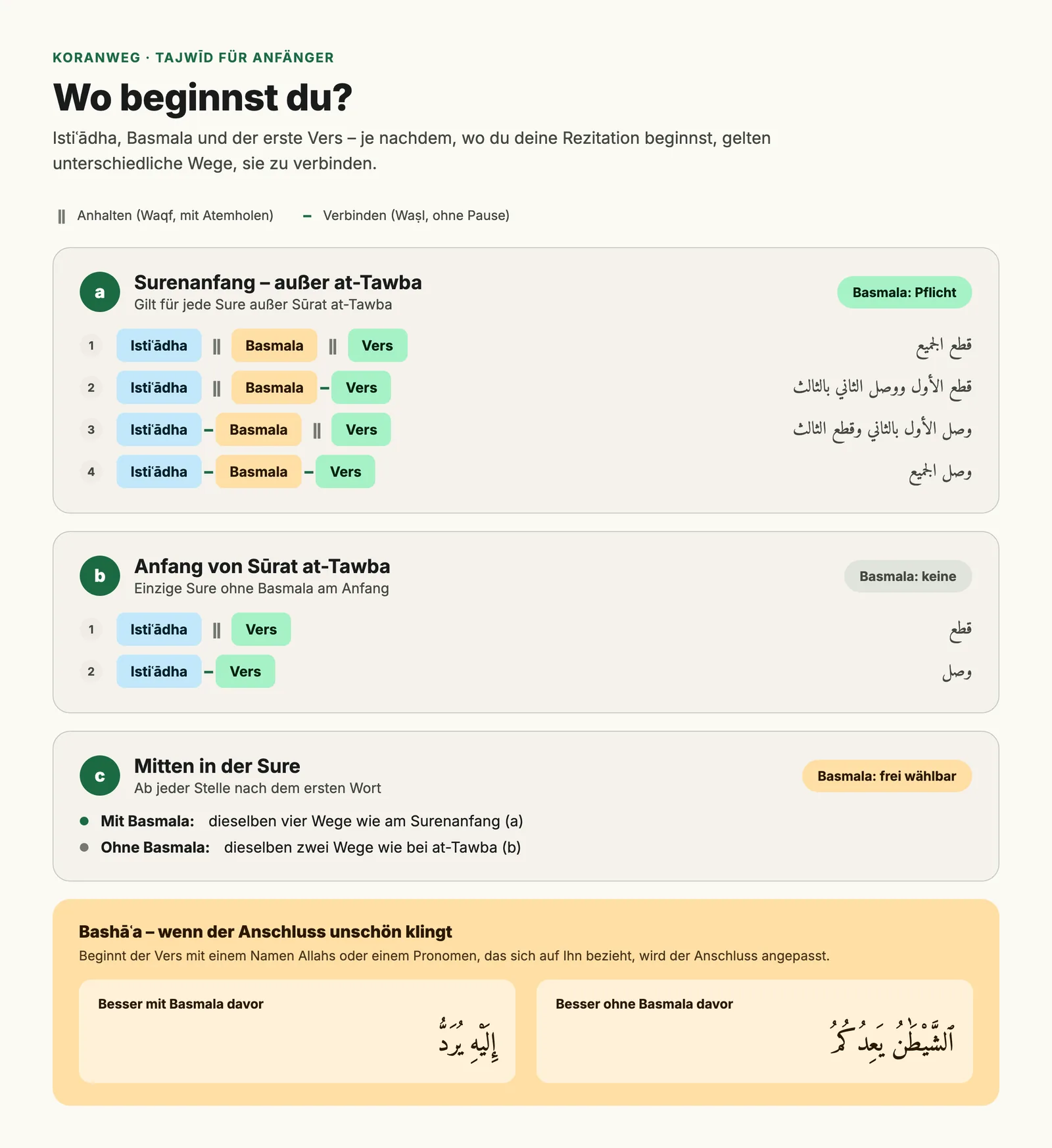 Entscheidungsbaum zu Istiʿādha und Basmala: am Surenanfang Basmala mit vier Verbindungsweisen, am Anfang von at-Tawba ohne Basmala mit zwei, mitten in der Sure freigestellt.